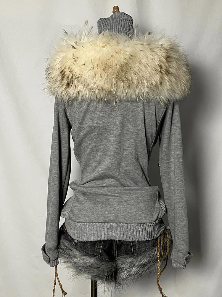 retro gray fur collar hooded jacket