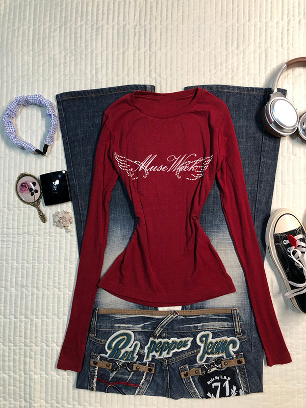retro red long-sleeved Top