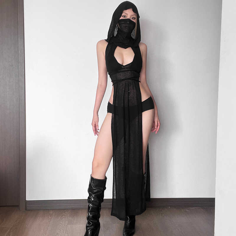 Dark Hooded Sleeveless Dress