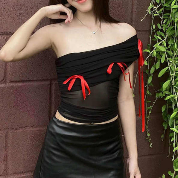 Y2K Spicy Mesh Slanted Shoulder Top