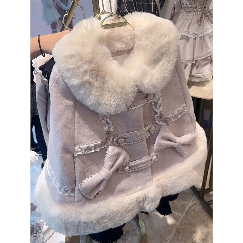 Retro lace bow woolen coat