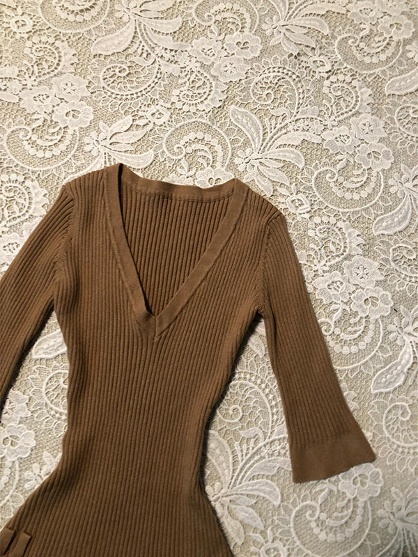 French retro new V-neck mid-sleeve dress