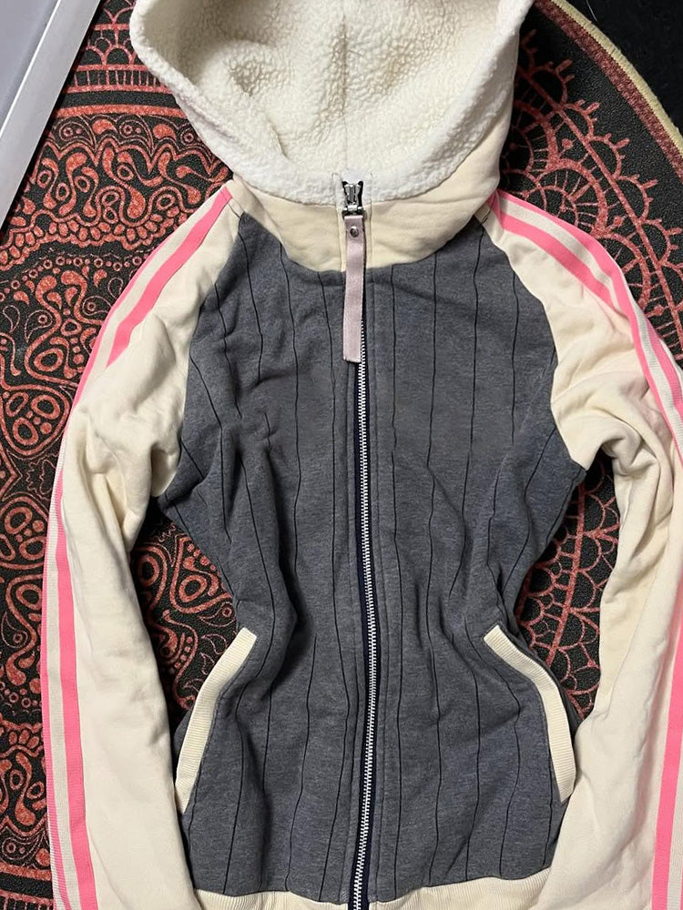 retro gray hooded pink fur collar sweatshirt jacket