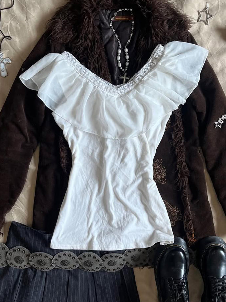 retro white v-neck ruffled shirt