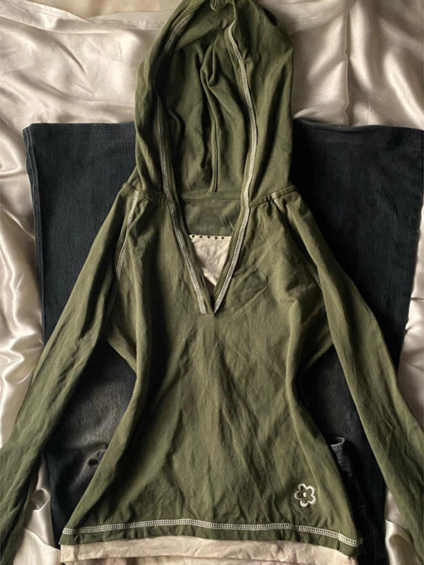 green fake two-piece hoodie long-sleeved Top