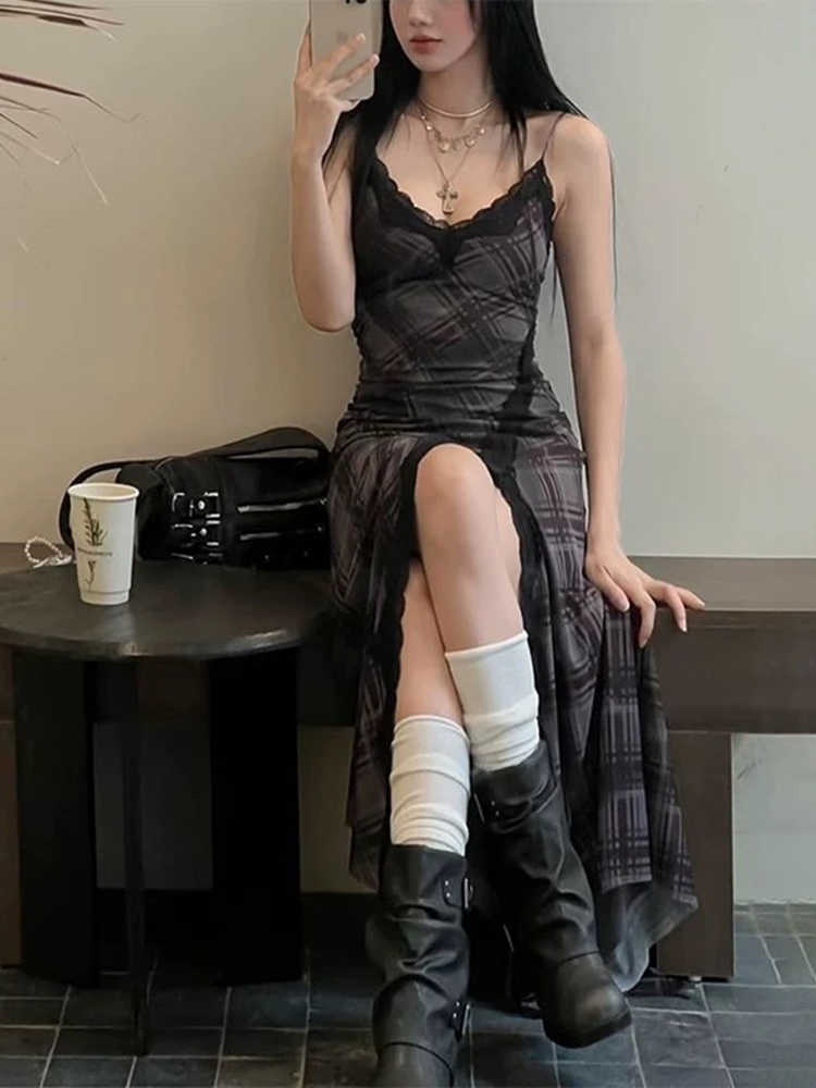 Plaid Lace Spliced Slit Dress
