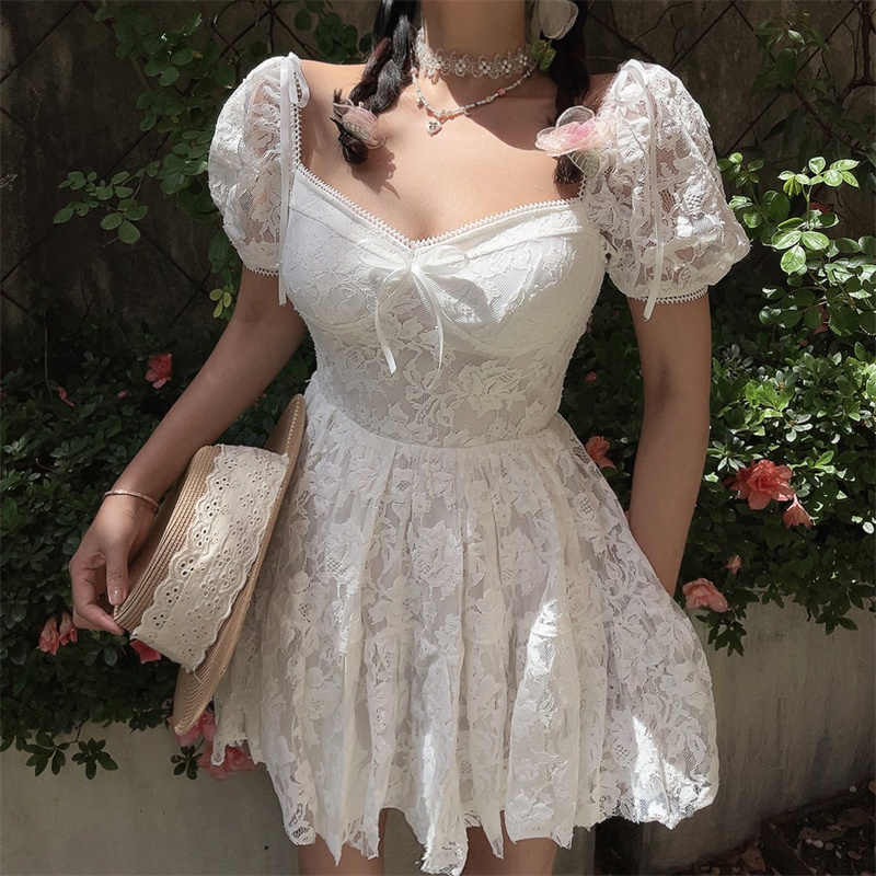 Lace Puff Sleeve Holiday Dress