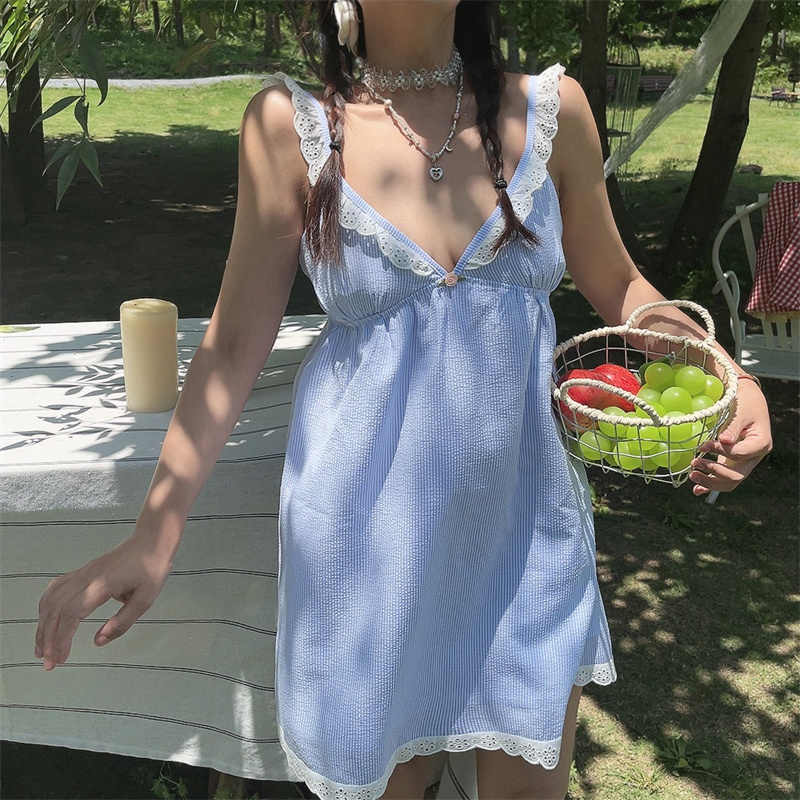 Lace V-neck Blue Plaid Dress