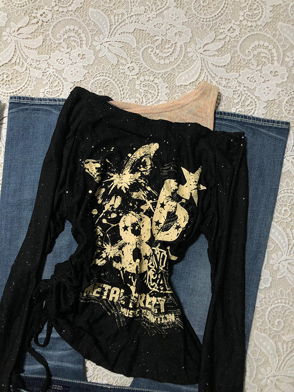 American retro butterfly graffiti off-shoulder long-sleeved top