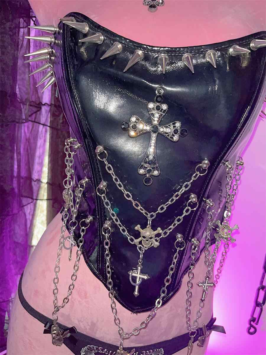 Goth Punk Skull Leather Cross Tube Top