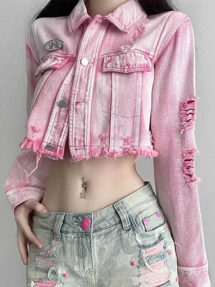 Y2K Pink Ripped Denim Crop Jacket