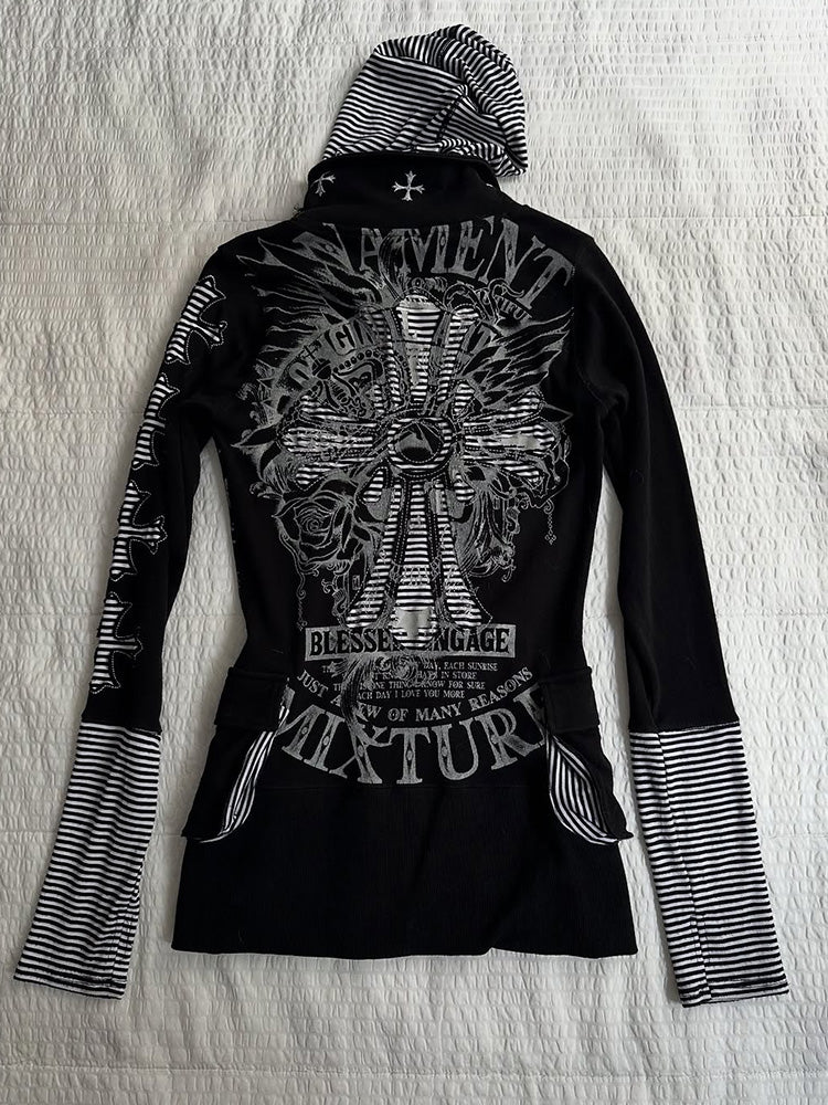 Goth retro striped patchwork sweatshirt jacket