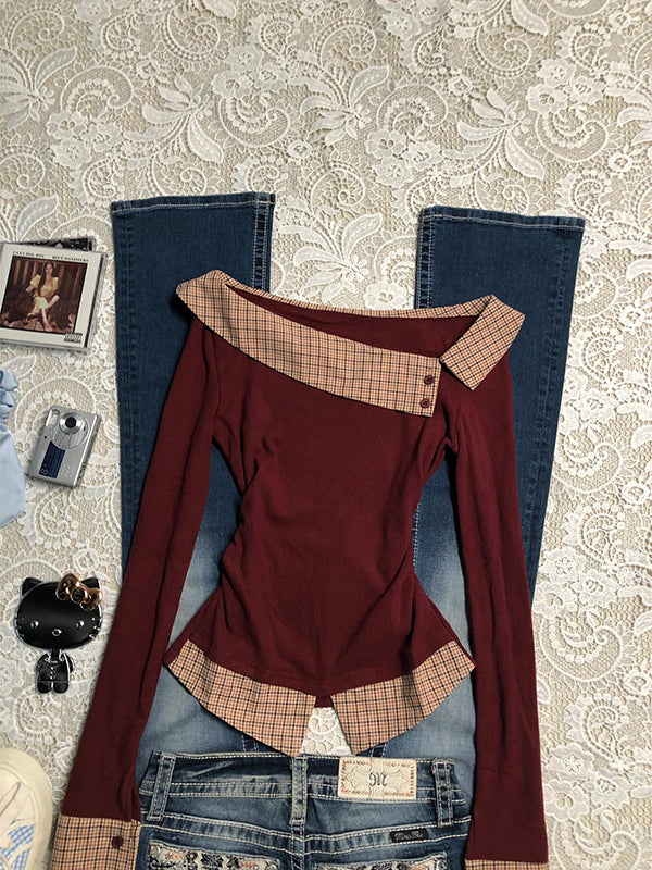 red slim fit one-line collar plaid long-sleeved top