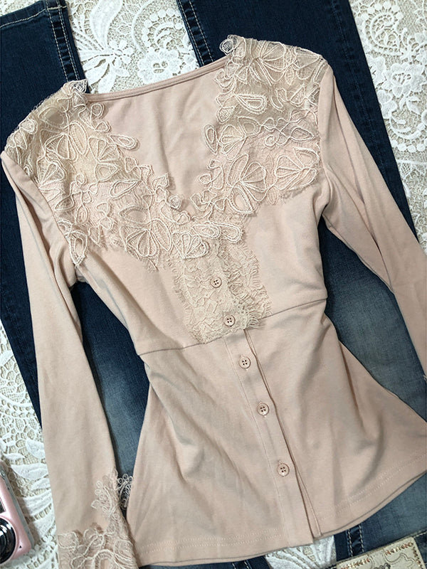 retro pink V-neck lace splicing long-sleeved top
