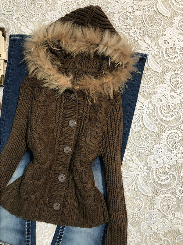 retro twist hooded knitted jacket