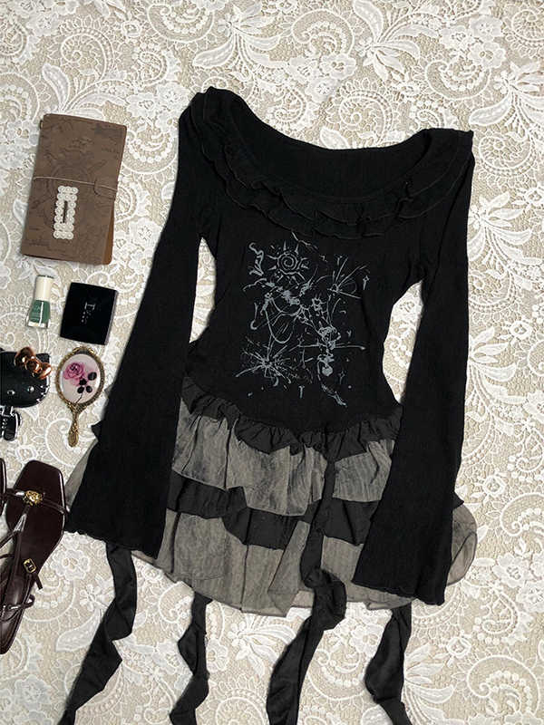 Black Patchwork Printed Long-sleeved Dress