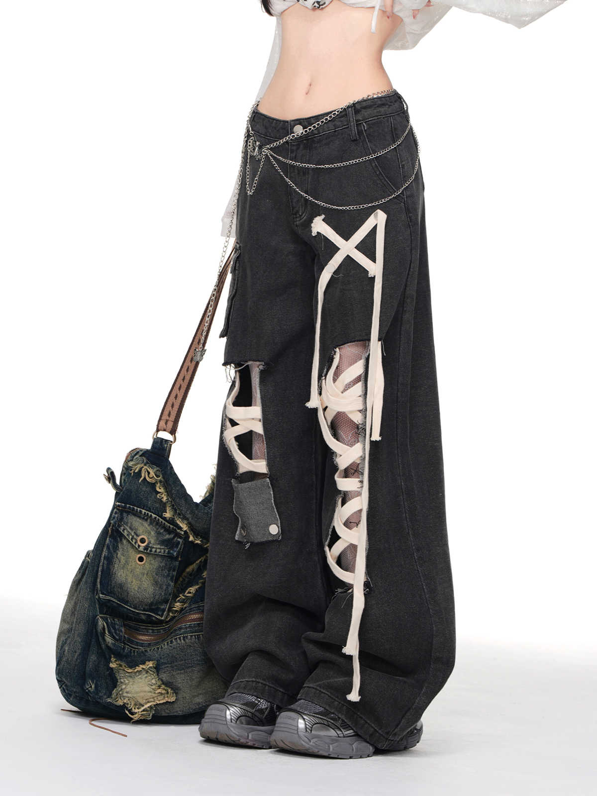 Grunge Street Straps Ripped Wide-leg Jeans