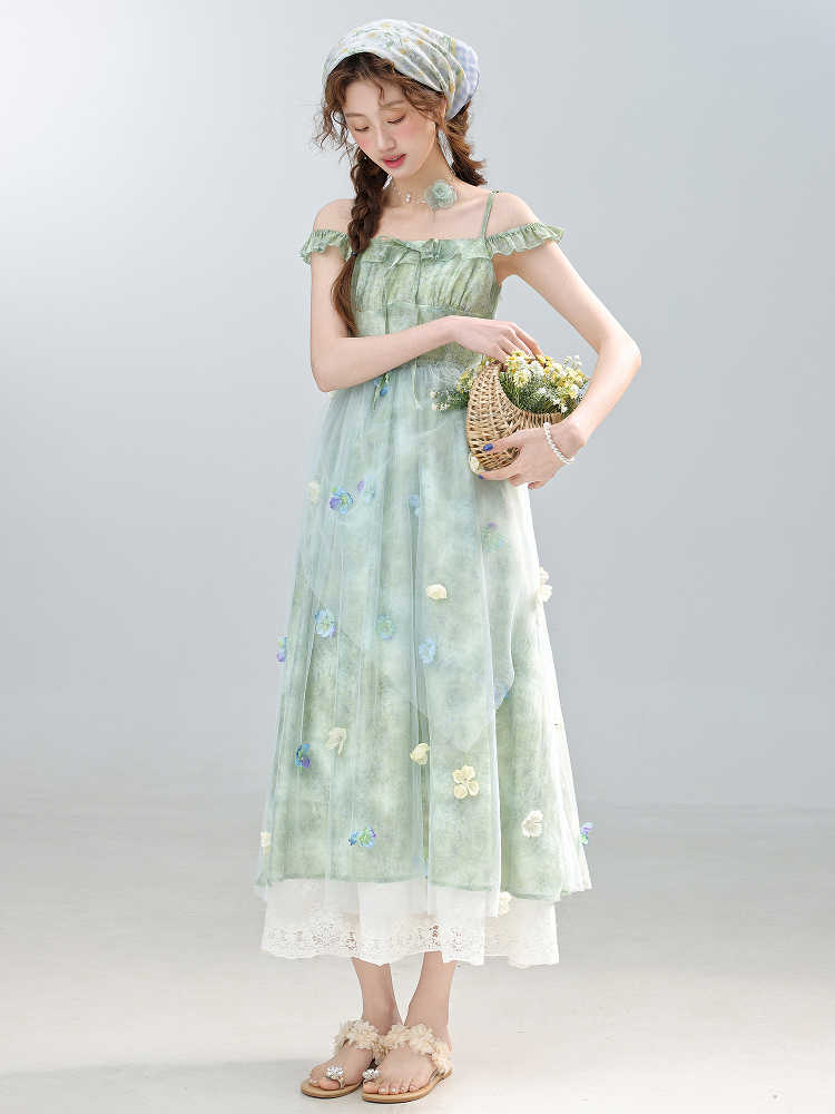 Green Field Flower Suspender Dress