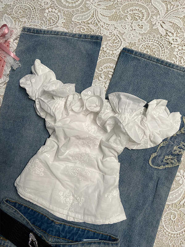 White Embroidered Ruffled Shirt