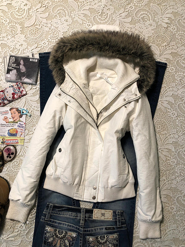 retro white quilted fur collar hooded cotton coat