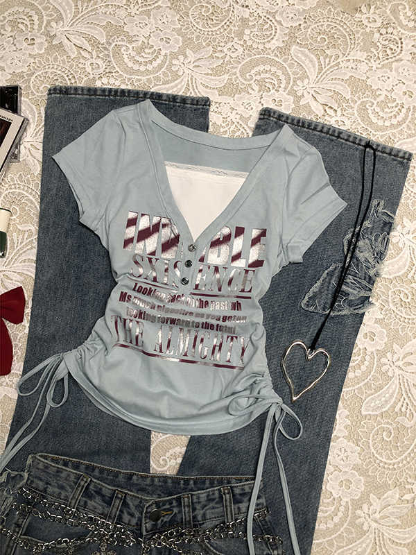 Lace Edge Letter Retro T-shirt