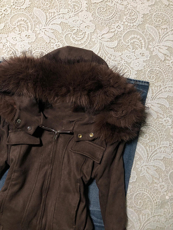 retro niche Maillard fur collar hooded short coat
