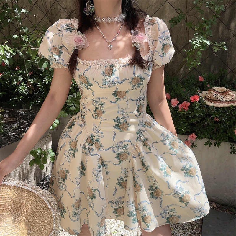 Square Neck Lace Puff Sleeves Dress