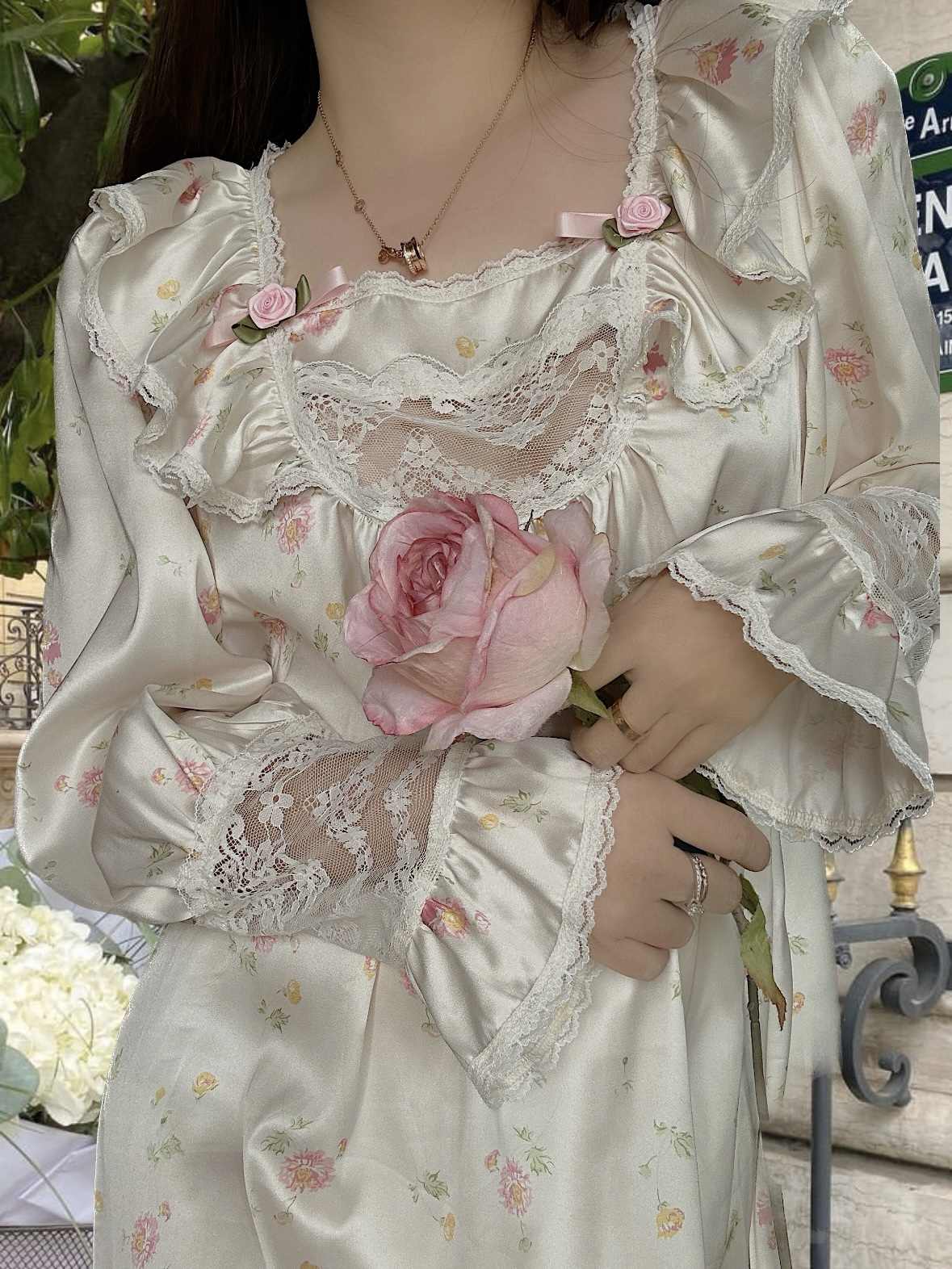 Rose Floral Silky Nightgown