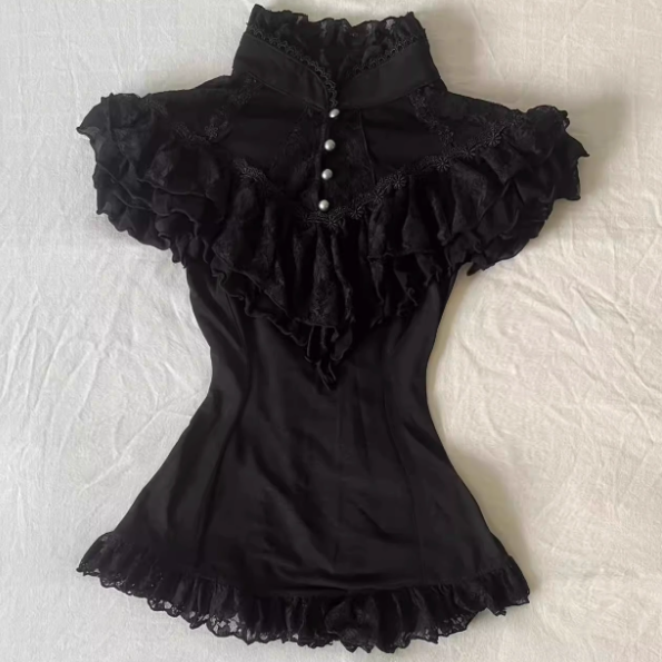 Original black lace short-sleeved shirt