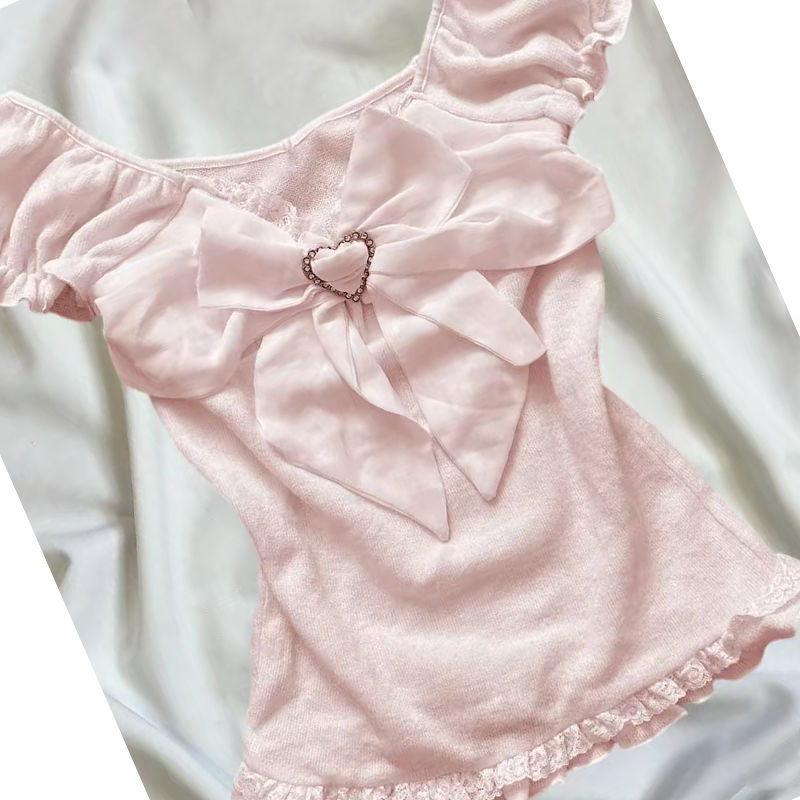 Pink Bow Lace Short Sleeves