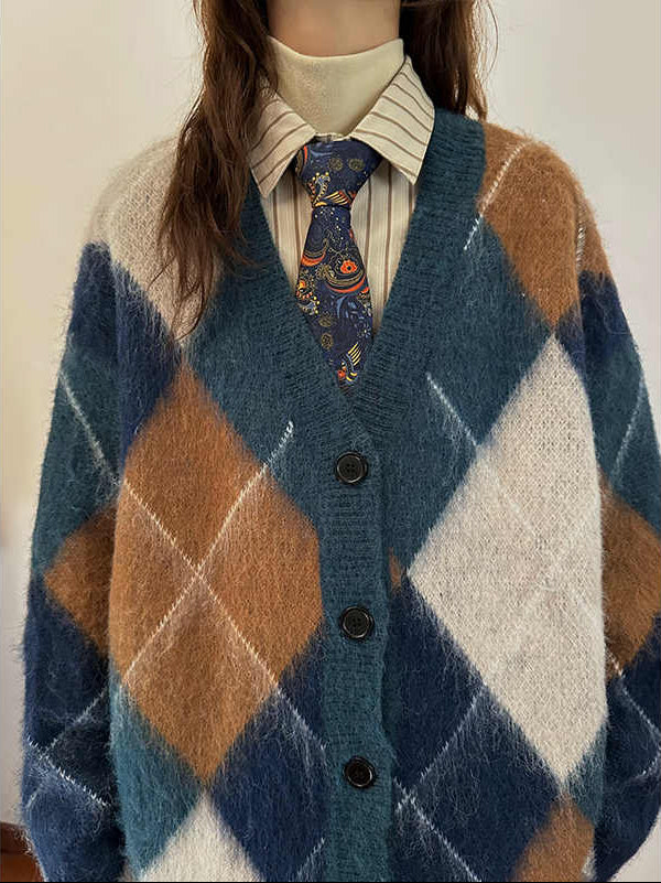 Preppy Retro Rhombus Knitted Cardigan