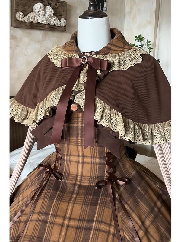 Sweet Lolita brown plaid cape coat dress