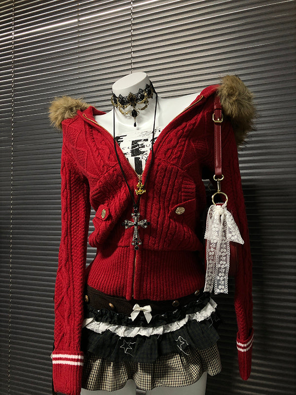red hooded sweater jacket