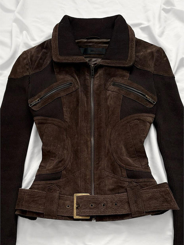 brown slim zipper jacket