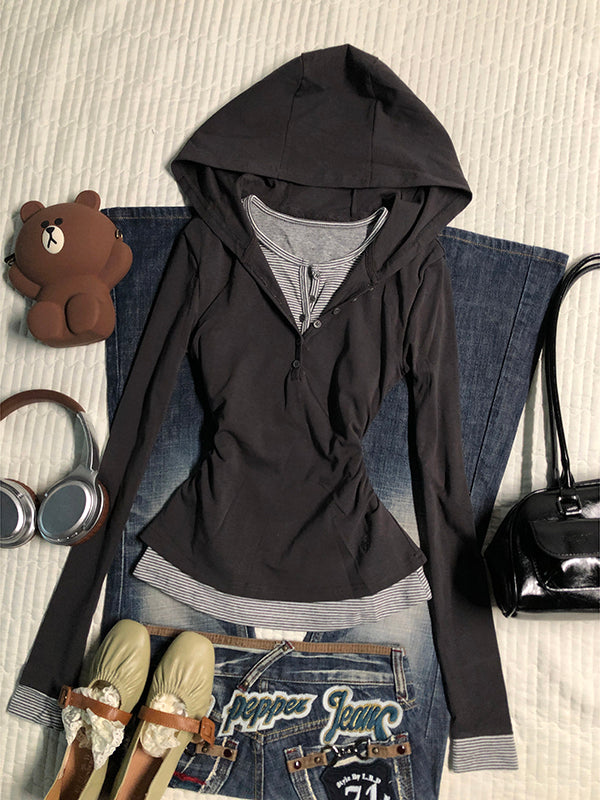 gray fake two-piece hooded sweatshirt