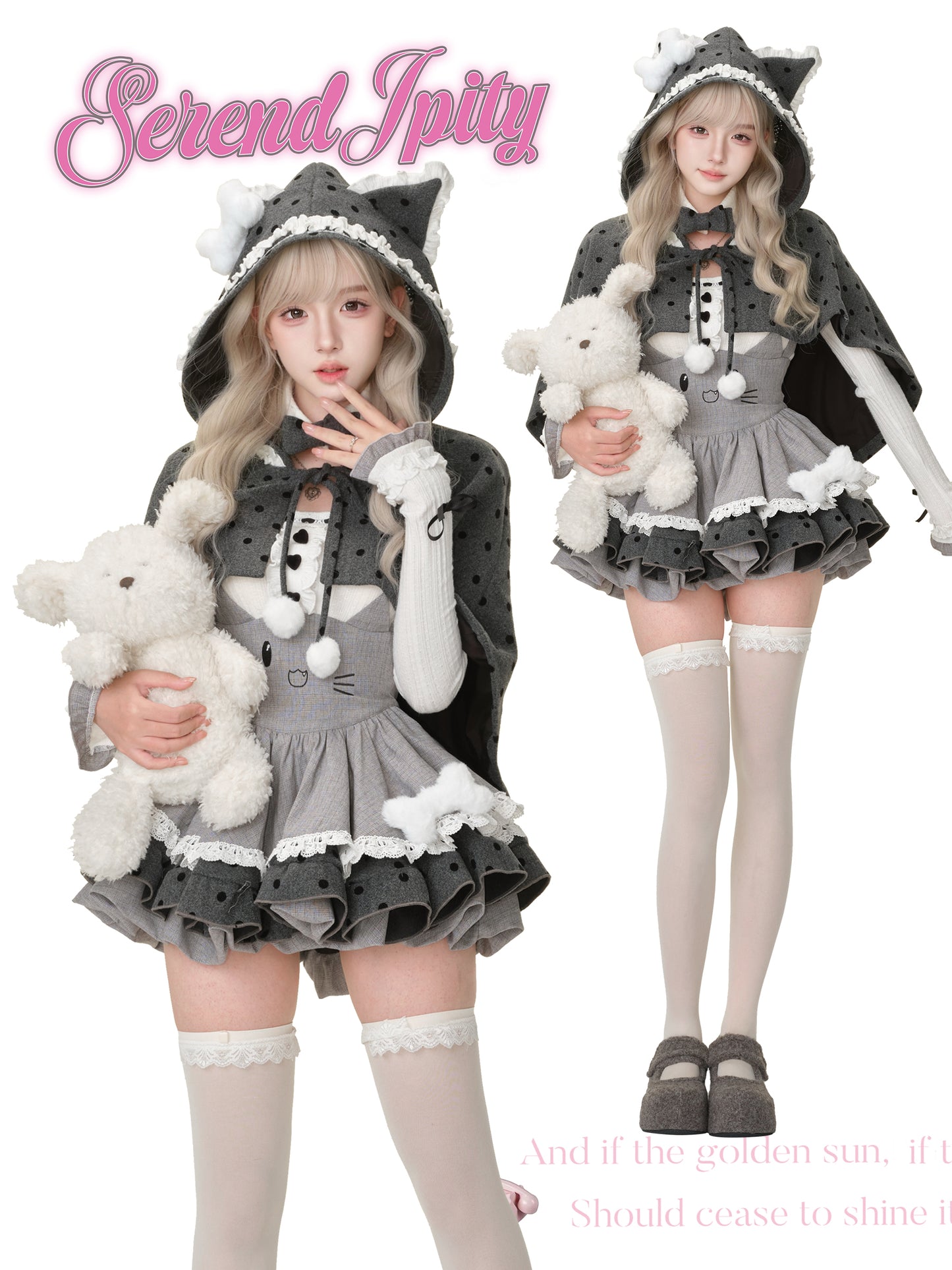 Gray cat doll bow tie suspender skirt