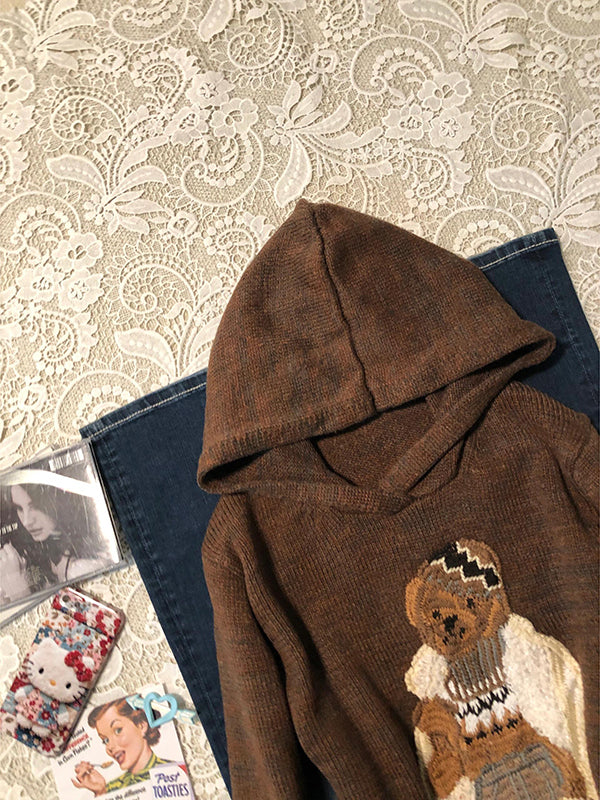 American retro brown bear embroidered hooded sweater