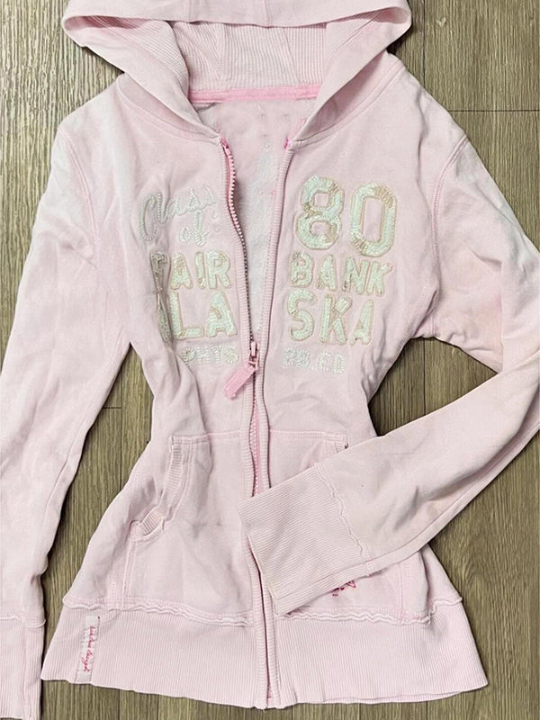 pink letter hooded sweatshirt jacket