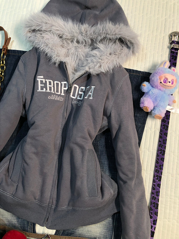 gray velvet hooded jacket