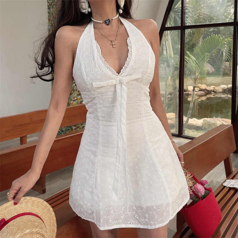 V-neck Bow Embroidered Cotton Dress