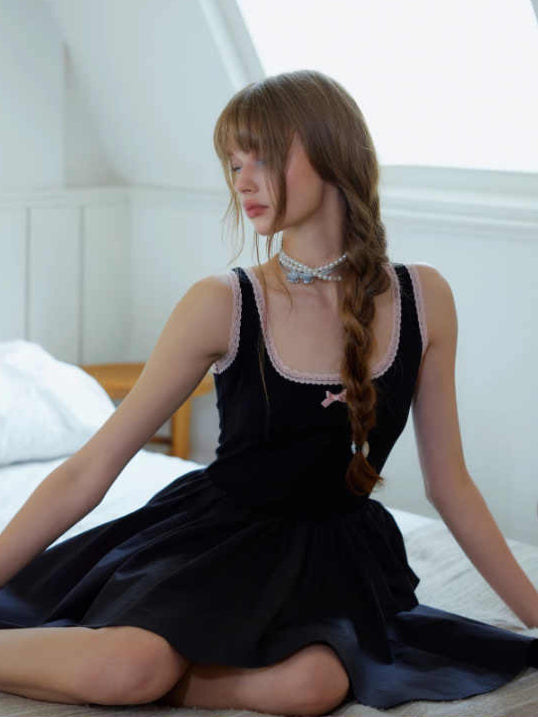 Bow Lace Square Neck Dark Coquette Dress