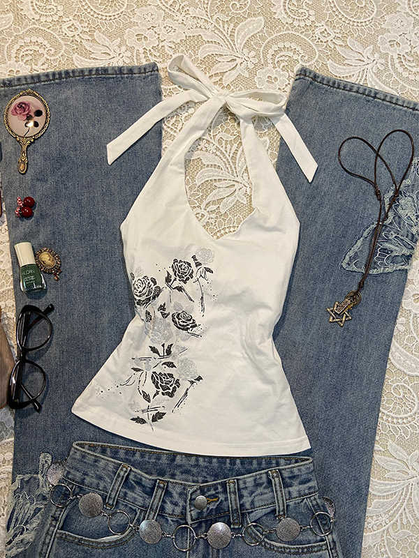 Rose Printed Halter Neck Top