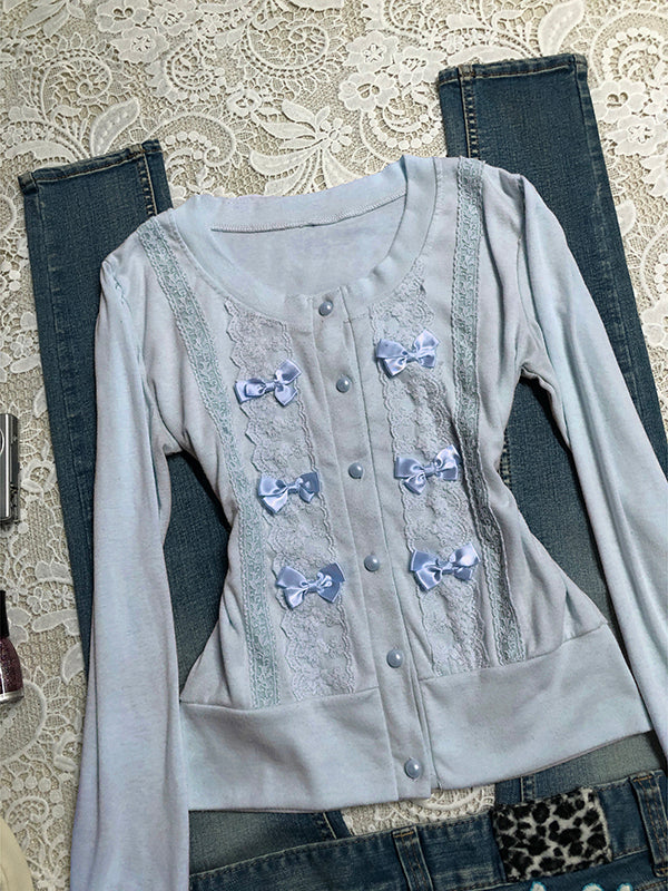 blue bow long-sleeved cardigan