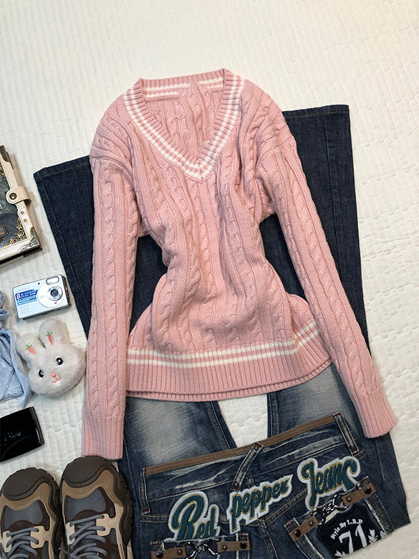 pink V-neck twist sweater