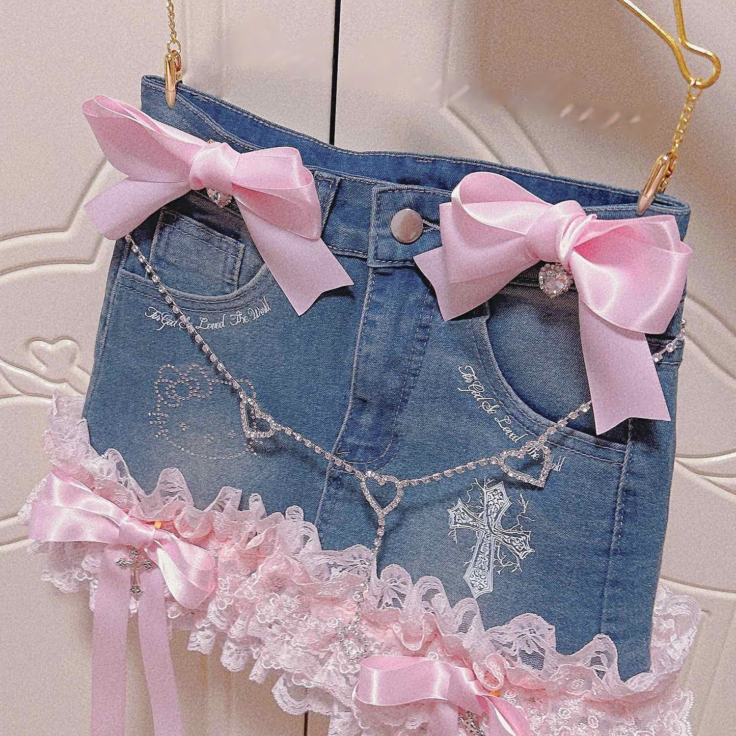 Coquette Lace Bow Dollete Denim Skirt