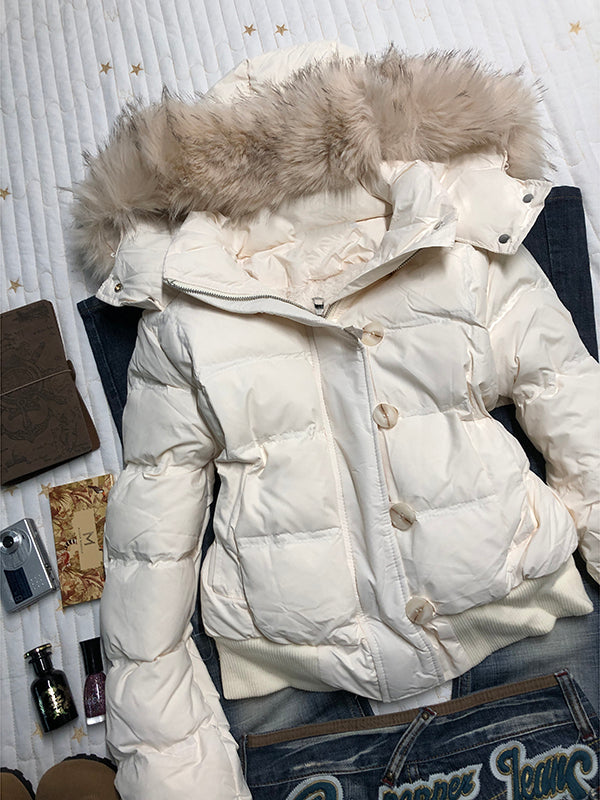 apricot fur collar hooded down jacket