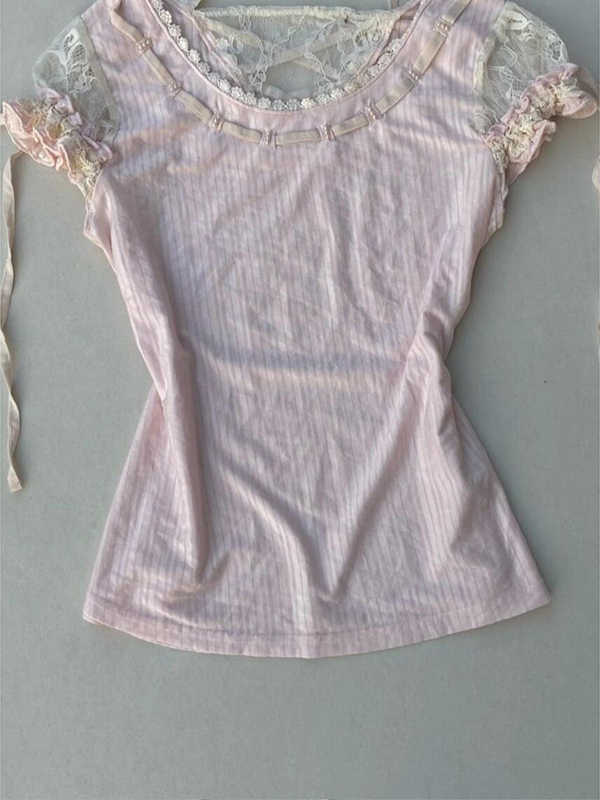 Pink Lace Splicing Short-sleeved Top