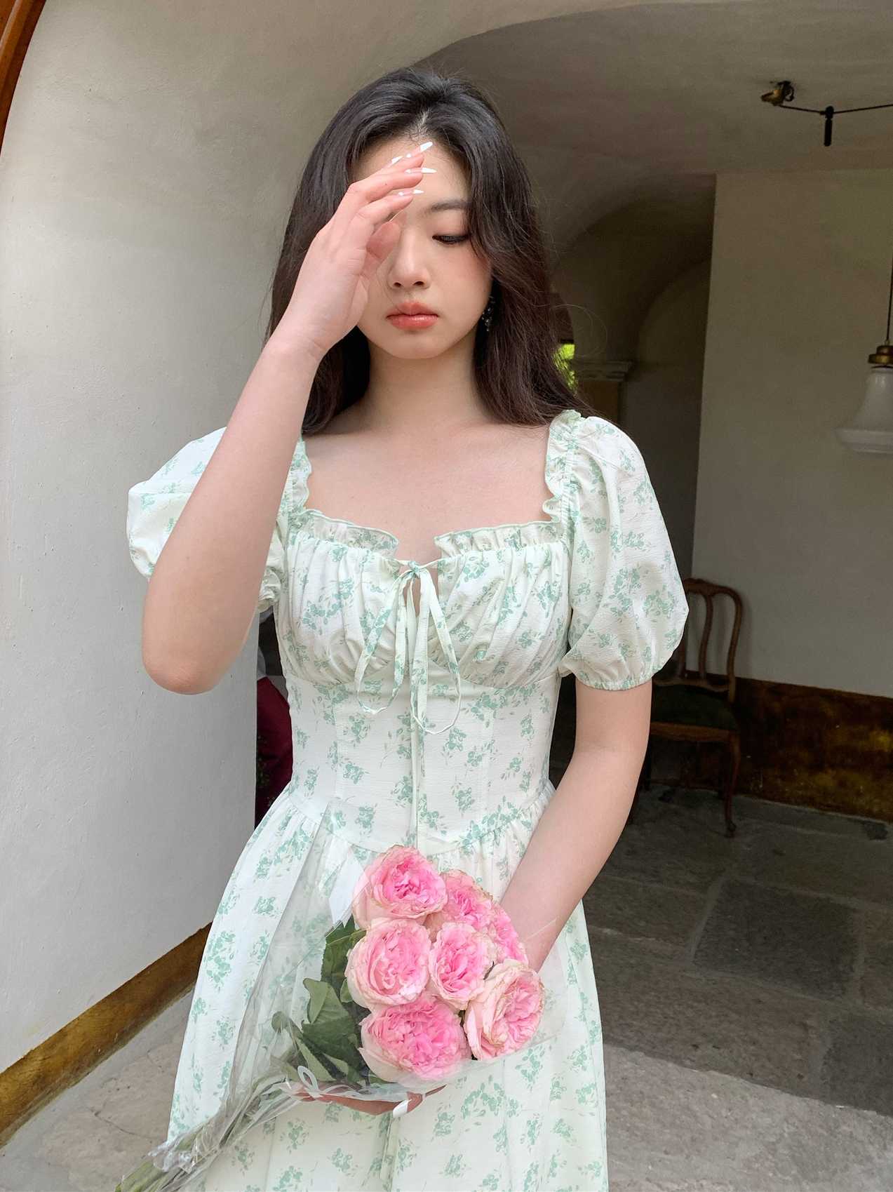 Puff Sleeve Green Floral Dress