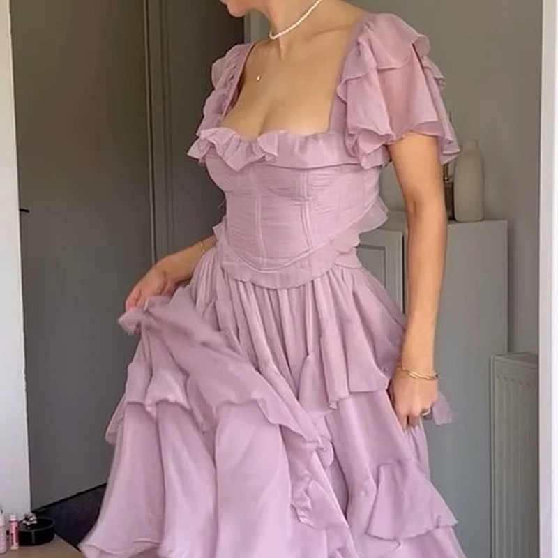 French One-shoulder Ruffled Dress