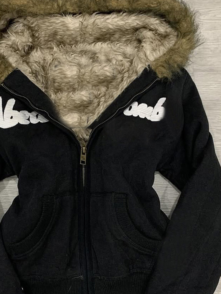 retro black fur collar hooded jacket